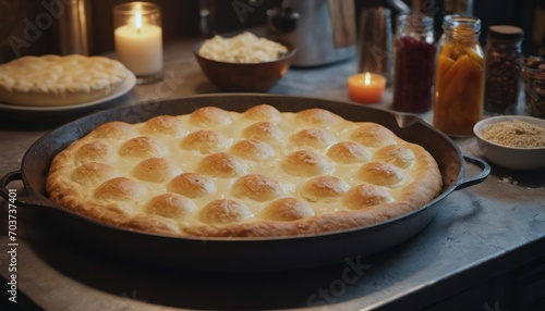  a pie sitting on top of a pan on top of a counter next to a bowl of food and a candle on top of a counter top of a counter.