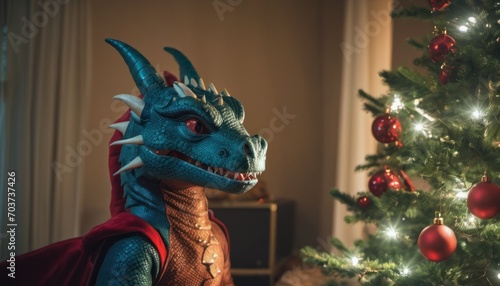  a close up of a toy dragon next to a christmas tree with a christmas tree in the background and a christmas tree in the foreground with a red ornament.