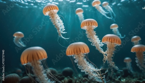  a group of jellyfish swimming in the ocean with sunlight shining through the water's bubbles on the bottom and bottom of the water, in the foreground.