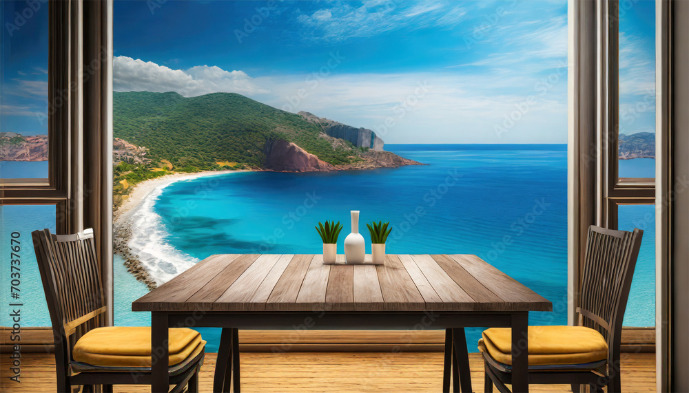 Fototapeta premium Wooden table and chairs with sea view. 