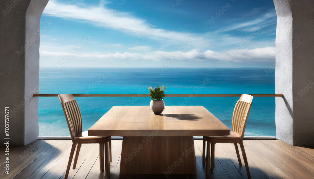 Wooden table and chairs with sea view. 