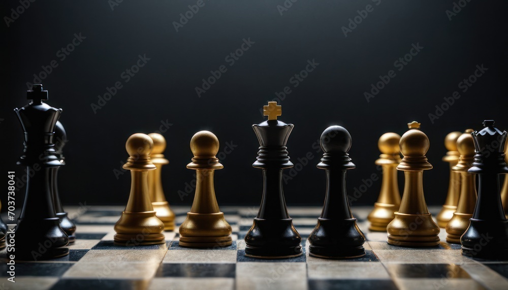 a black and gold chess set on a checkered board with a black and gold chess piece in the middle of the board and a black and gold chess piece in the middle. a black and gold chess set on a checkered board with a black and gold chess piece in the middle of the board and a black and gold chess piece in the middle.