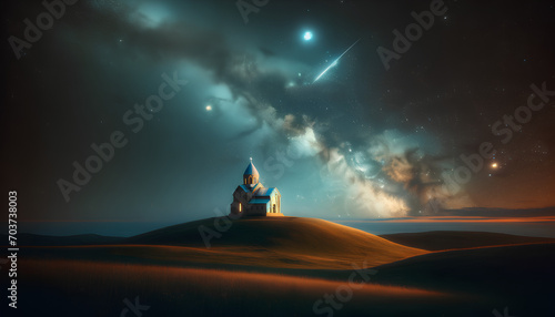 夜空が美しい丘の上に佇む静かな教会 photo
