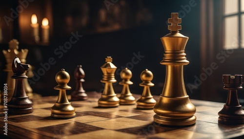  a group of chess pieces sitting on top of a wooden chess board on top of a hard wood table in front of a window with light coming through the window.