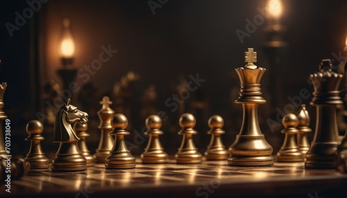  a close up of a chess board with a lot of gold and silver chess pieces on it and a candle in the middle of the board and a dark background. photo