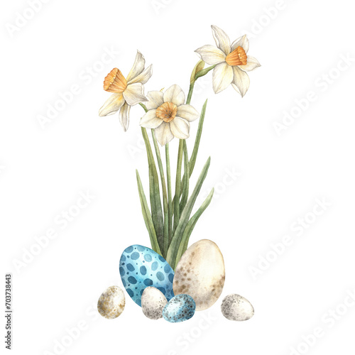 Wallpaper Mural Watercolor Easter composition of daffodils and eggs. Easter holiday illustration hand drawn. Sketch on isolated background for greeting cards, invitations, happy holidays, posters, graphic design. Torontodigital.ca