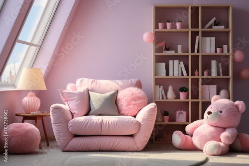 Creative composition of stylish and cozy child room or nursery with pink walls, a wooden floor, a sofa. A framed poster and toys. © Irina Mikhailichenko
