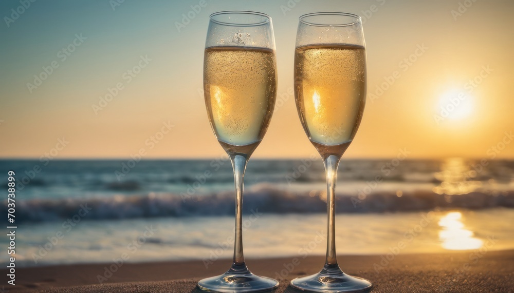  two glasses of champagne sitting on a beach with the sun setting in the background and a body of water in the foreground with a wave coming in the foreground.