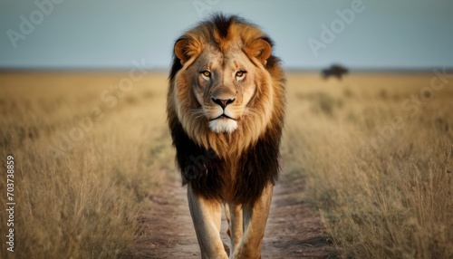  a lion walking down a dirt road in the middle of a dry grass field with another animal in the distance in the distance  with a blue sky in the background.