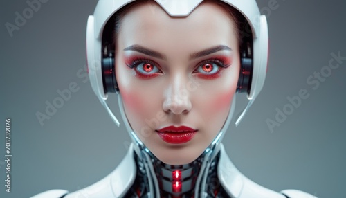  a woman with red eyes and headphones is looking at the camera with a serious look on her face as if she is in a sci - suit or robot suit.