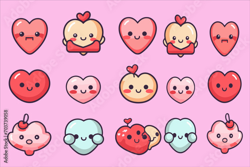 Love Heart Kawaii icon set vector, valentine's day kawaii outline icon set vector, valentine's day drawings kawaii, 