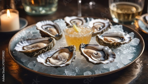  a plate of oysters on a table with a glass of wine and a candle on the side of the plate and a candle in the middle of the plate.