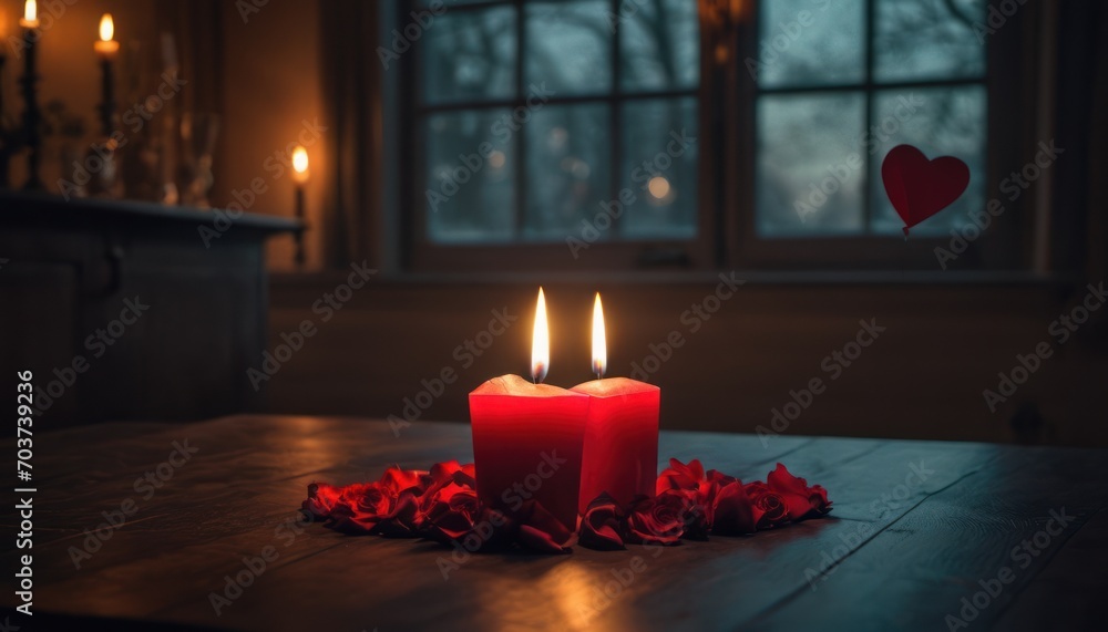 a red candle sitting on top of a wooden table next to a red rose on top of a wooden table next to a window with a red heart on it. a red candle sitting on top of a wooden table next to a red rose on top of a wooden table next to a window with a red heart on it.