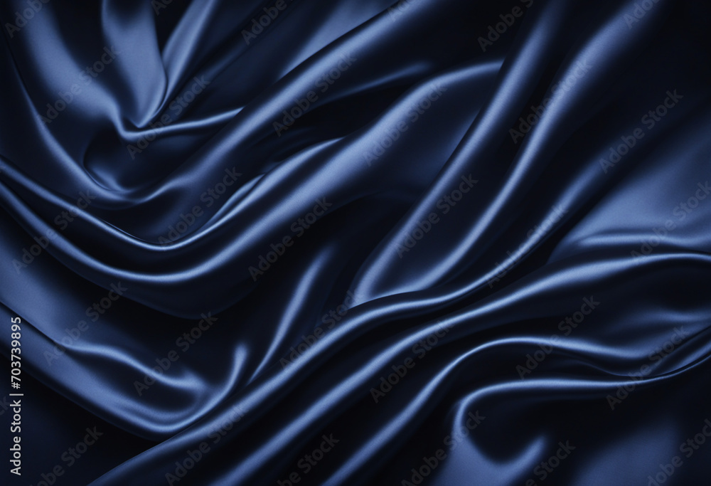Obraz premium Black blue abstract background. Dark blue silk satin texture. Beautiful wavy soft folds on the surface of the fabric. Navy blue elegant background with copy space for your design. Web banner.