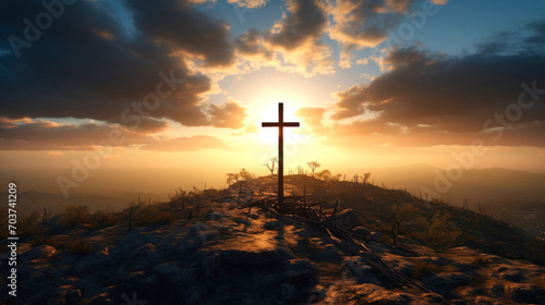 The Holy Cross, symbolizing the death and resurrection of Jesus Christ with the sky above the hill of Calvary, is shrouded in light and the concept of the apocalypse. Easter.