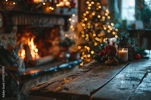 fireplace with christmas decorations  cosy home interior background Table top with blurred fireplace