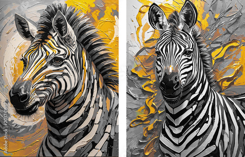 Fototapeta Naklejka Na Ścianę i Meble -  modern painting of golden zebra. The texture of the oriental style of gray and gold canvas with an abstract pattern. artist collection of animal painting for decoration and interior, canvas art.
