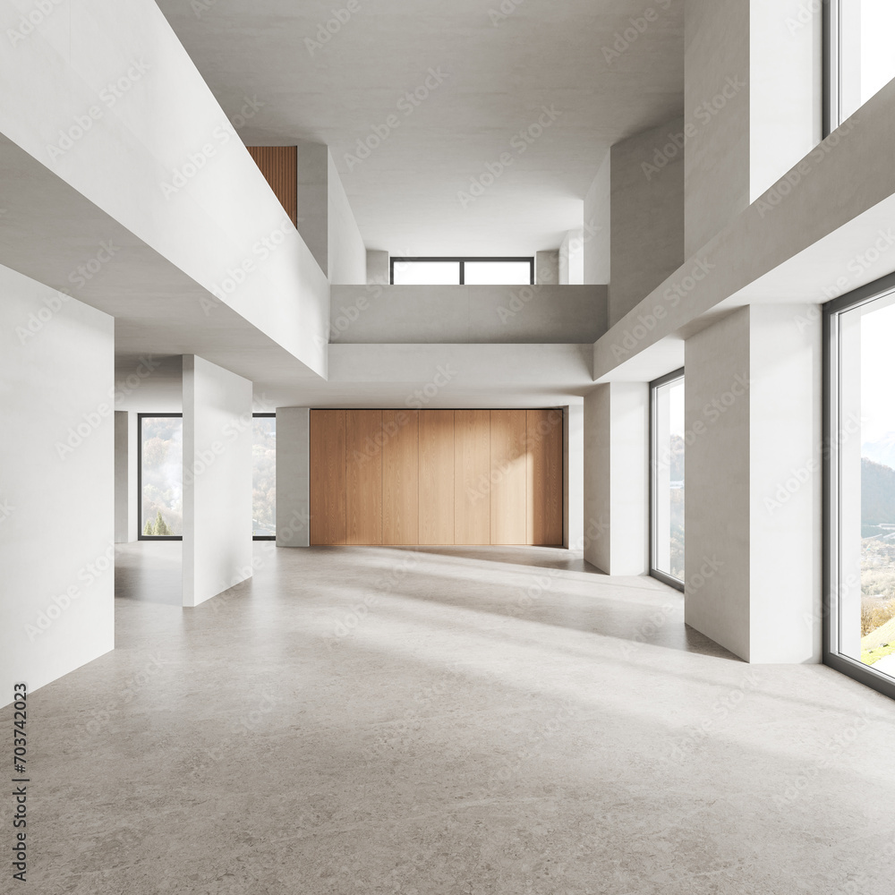 Fototapeta premium Two-storey empty office hall with panoramic window on countryside