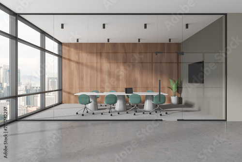 Canvas Print Modern glass office room interior with table and chairs, tv screen and window