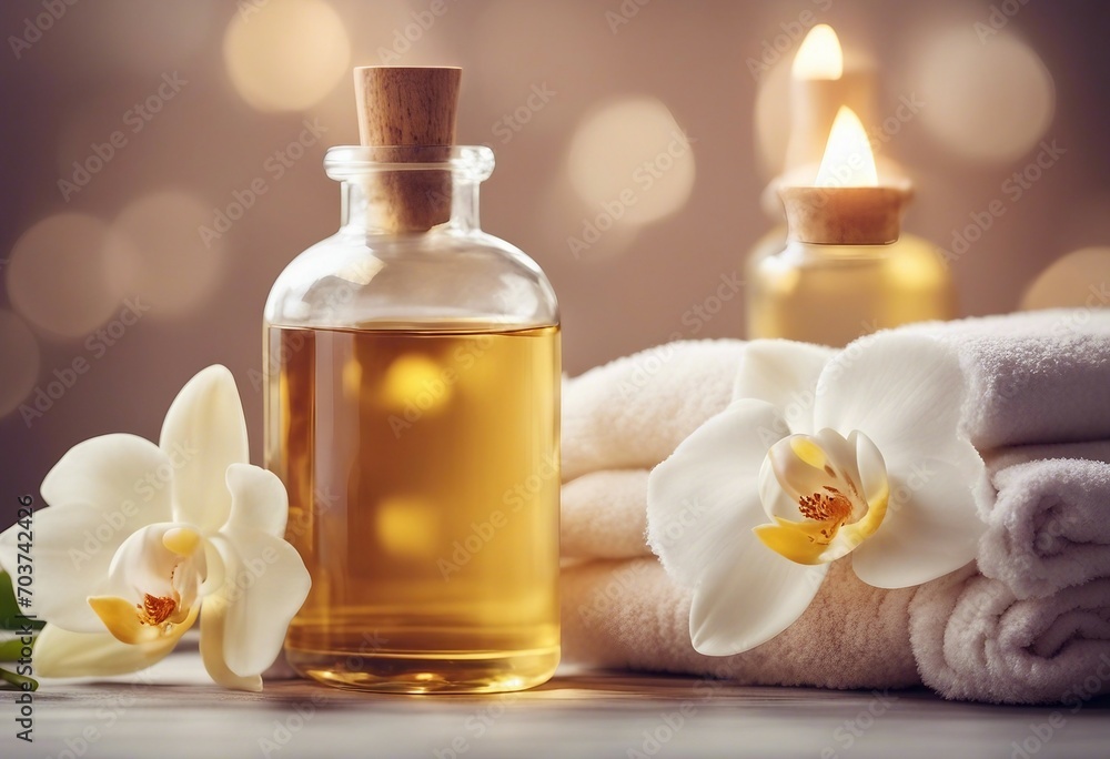 Aromatherapy spa beauty treatment and wellness background with massage oil orchid flowers towels