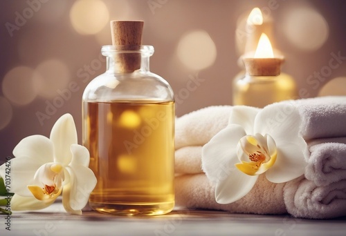 Aromatherapy spa beauty treatment and wellness background with massage oil orchid flowers towels