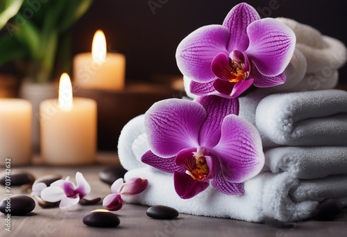 Aromatherapy spa beauty treatment and wellness background with massage stone orchid flowers towels