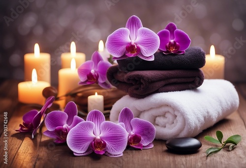 Aromatherapy spa beauty treatment and wellness background with massage stone orchid flowers towels