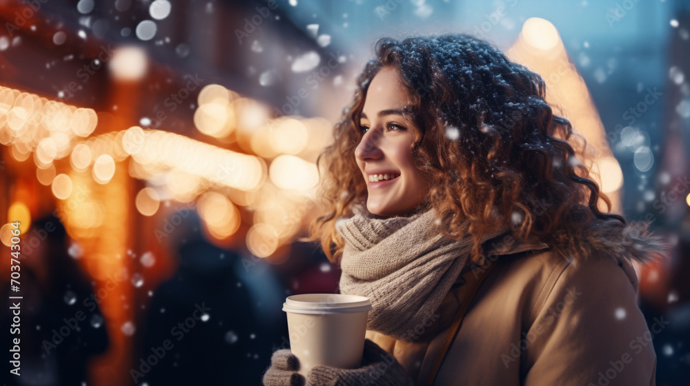 Festive Delight: Beautiful Woman Enjoying a Hot Beverage at the Christmas Market in Snowfall Festive Delight: Beautiful Woman Enjoying a Hot Beverage at the Christmas Market in Snowfall