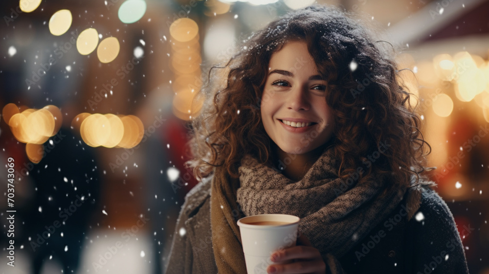 Winter Elegance: Adult Woman Savoring Hot Drink at Christmas Fair in Snowfall Winter Elegance: Adult Woman Savoring Hot Drink at Christmas Fair in Snowfall
