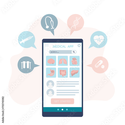 Digital medicine, healthcare. Mobile phone screen with medical app and signs. Choosing medical services or specialists by smartphone. Telemedicine, online support.
