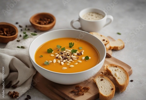 Autumn pumpkin cream soup in bowl served with seeds and crouton on white stone table top view