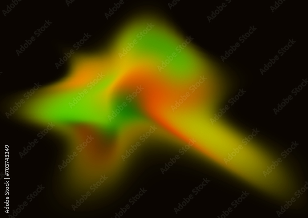 Colorful abstraction on a dark background. Bright green and orange glow. Noisy blurred background template for decorations, screensavers, posters and interior design