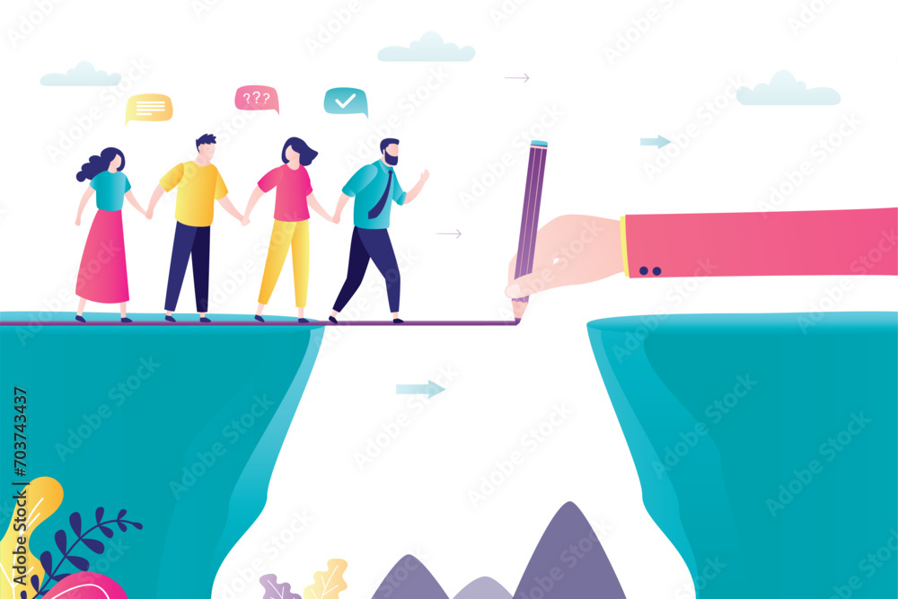 Giant boss hand uses pencil draws way over cliff for business people. Help or mentorship in paving way to achieve goal, overcoming obstacles. Strategic planning for success. Giant boss hand uses pencil draws way over cliff for business people. Help or mentorship in paving way to achieve goal, overcoming obstacles. Strategic planning for success.
