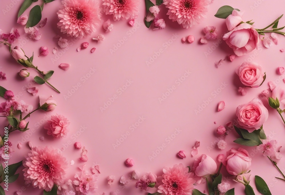 Beautiful spring background with pink flowers and petals Floral frame Flat lay style Beautiful spring background with pink flowers and petals Floral frame Flat lay style