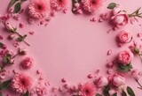 Beautiful spring background with pink flowers and petals Floral frame Flat lay style