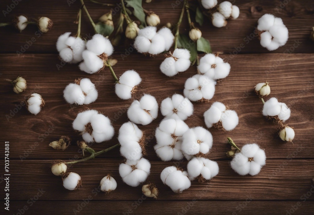 Beautiful white cotton flowers on rustic wooden table from above flat lay Beautiful white cotton flowers on rustic wooden table from above flat lay
