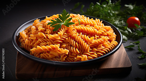 Pasta ingredients. Ingredients for cooking Italian pasta - spaghetti, Pasta fusilli ingredients on dark slate background.