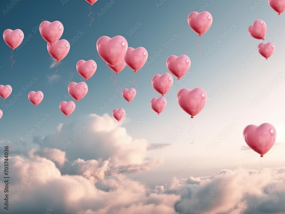 Pink heart shaped balloons flying in blue sky. Pink Hearts and White Clouds. Valentines day background, copy space. Love concept