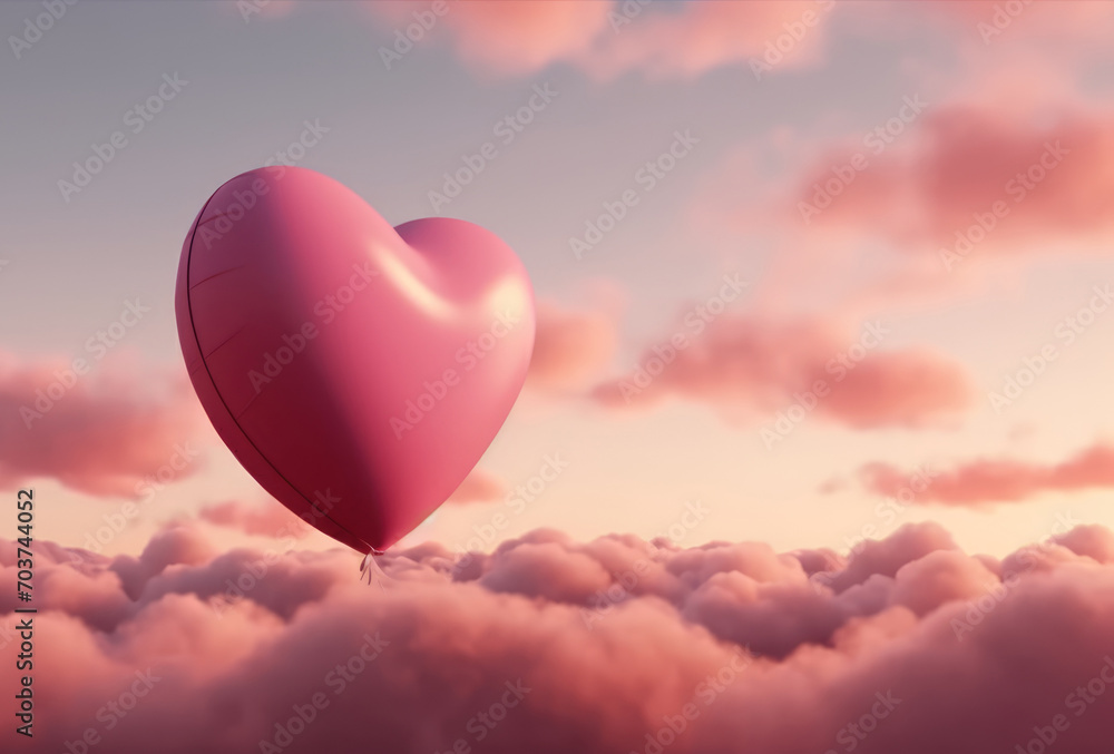 Pink heart shaped balloon flying high in the sky with pink clouds. Valentines day background, copy space. Love concept