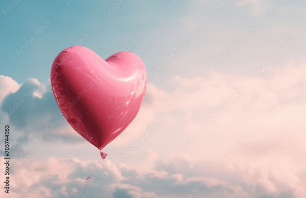 Fototapeta premium Pink heart shaped balloon on blue sky. Valentine's day background. Love ballon. Romantic banner, copy space