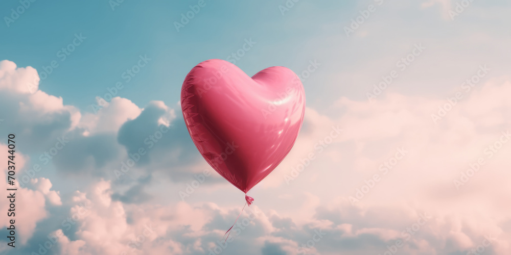 Pink heart shaped balloon on blue sky. Valentine's day background. Love Heart ballon. Romantic banner, copy space Pink heart shaped balloon on blue sky. Valentine's day background. Love Heart ballon. Romantic banner, copy space