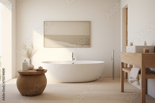 Tranquil modern classic minimalist bathroom with a soaking tub  natural textures  and a clean  uncluttered design