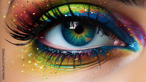 Vivid Gaze: Close-Up of Female Green Eye Adorned with Bright Multicolored Fashion Makeup