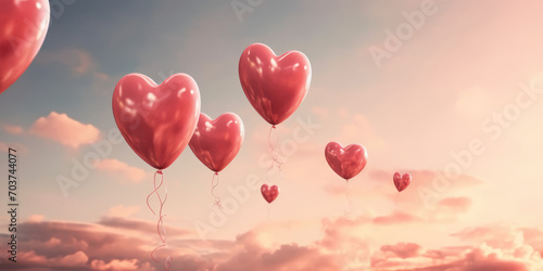 Pink heart balloons flying in vanilla sky. Valentine's day background. Love concept. Romantic banner