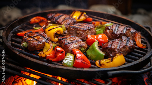Delicious grilled meat with vegetables sizzling over the coals on barbecue 