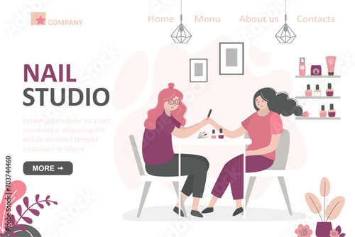 Manicure salon. Manicurist doing procedure with nail polish. Caucasian woman at manicure salon. Beauty salon interior. Nails and beauty studio, landing page template.