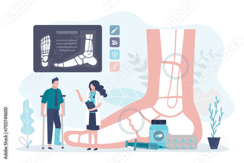 Doctor and patient looks at xray of mans leg. Upset man with broken leg at traumatologist appointment. Traumatologist with patient. Diagnosis and treatment, health care.