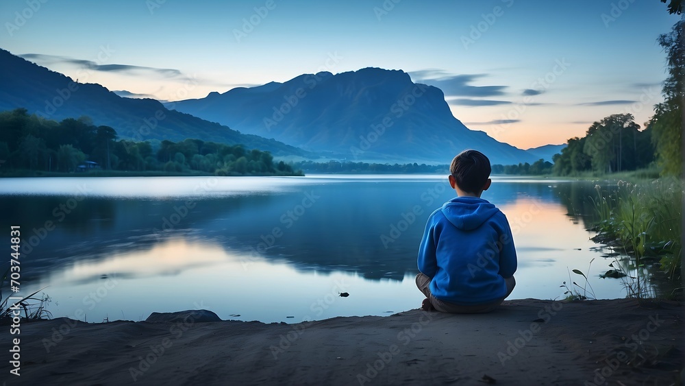 Contemplative Boy by the Lakeside - Serenity at Blue Hour, Reflective Solitude