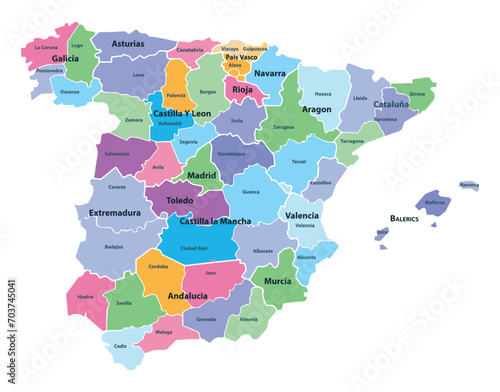 The detailed map of the Spain with regions or states and cities, capitals.