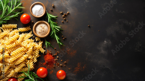 Pasta ingredients. Ingredients for cooking Italian pasta - spaghetti, Pasta fusilli ingredients on dark slate background.